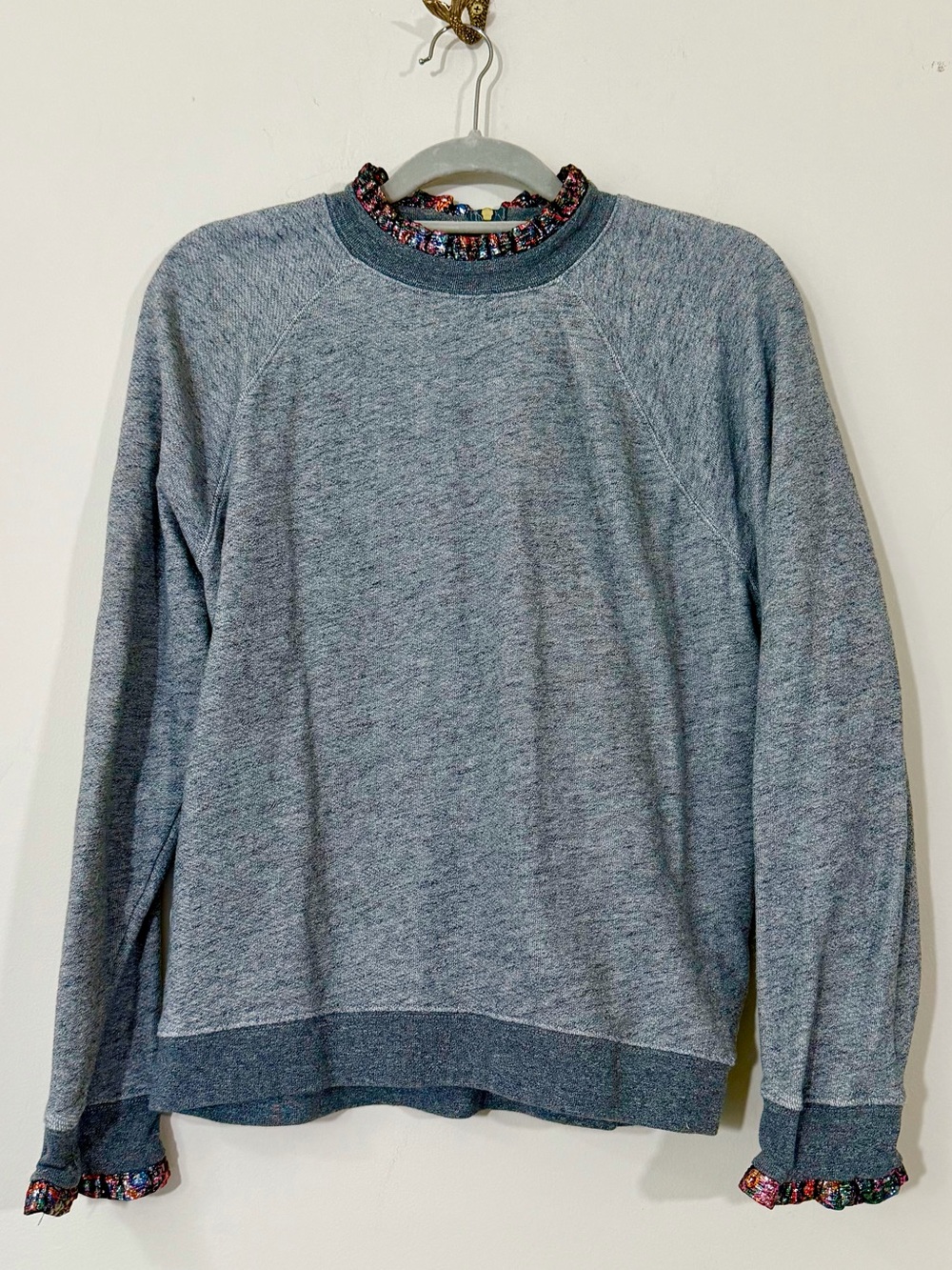 J. Crew Floral Ruffle Neck Heather Gray Sweatshirt